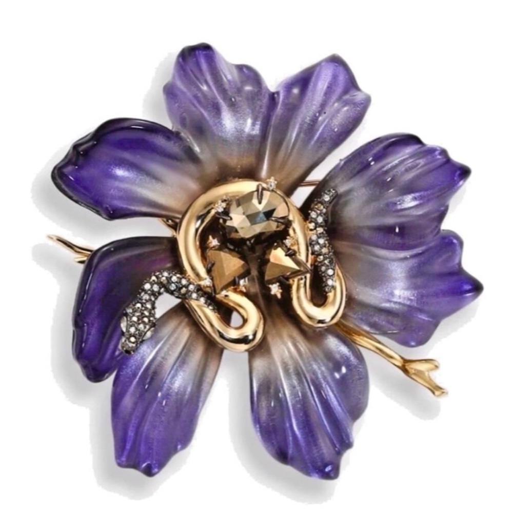 Alexis Bittar Purple Lucite with Crystal Sneak Brooch in gold setting. New